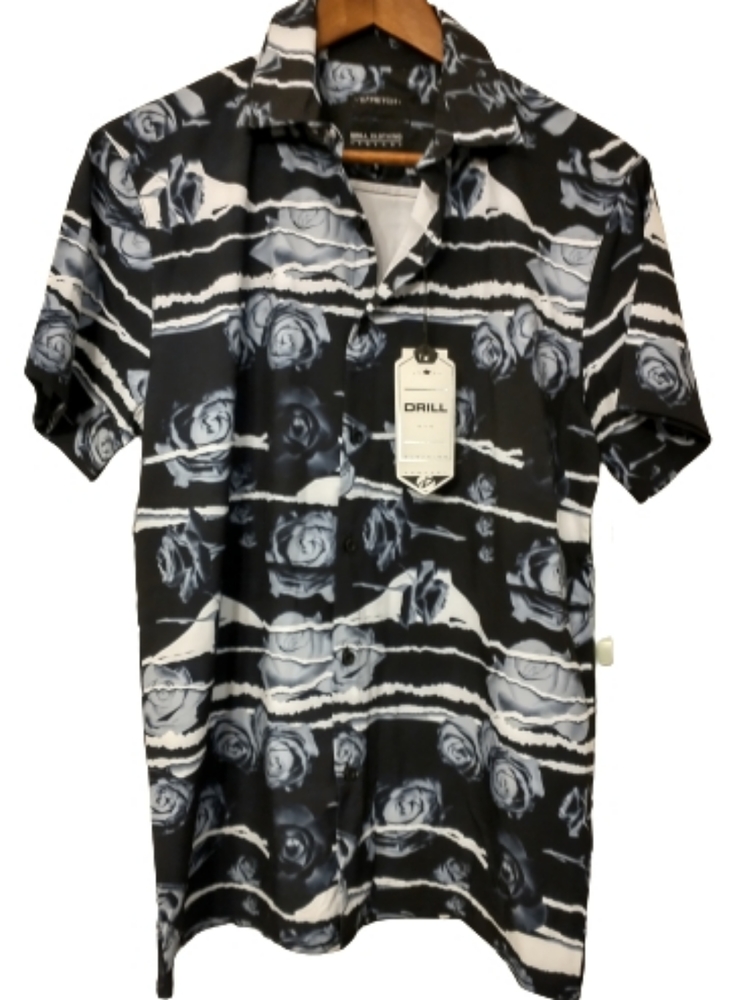 Drill NYC Shirt Black Grey Rose Print Button Down